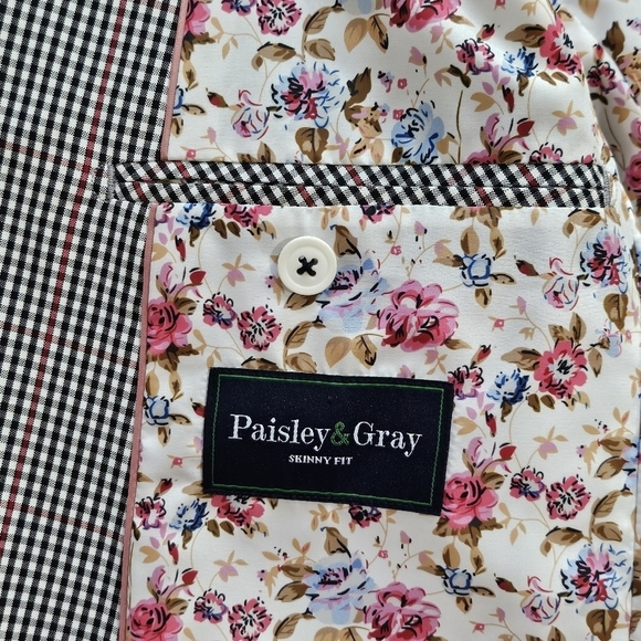 Paisley & Grey Skinny Fit Black White Red Checked Suit Coat Jacket Size 40R - Picture 8 of 9